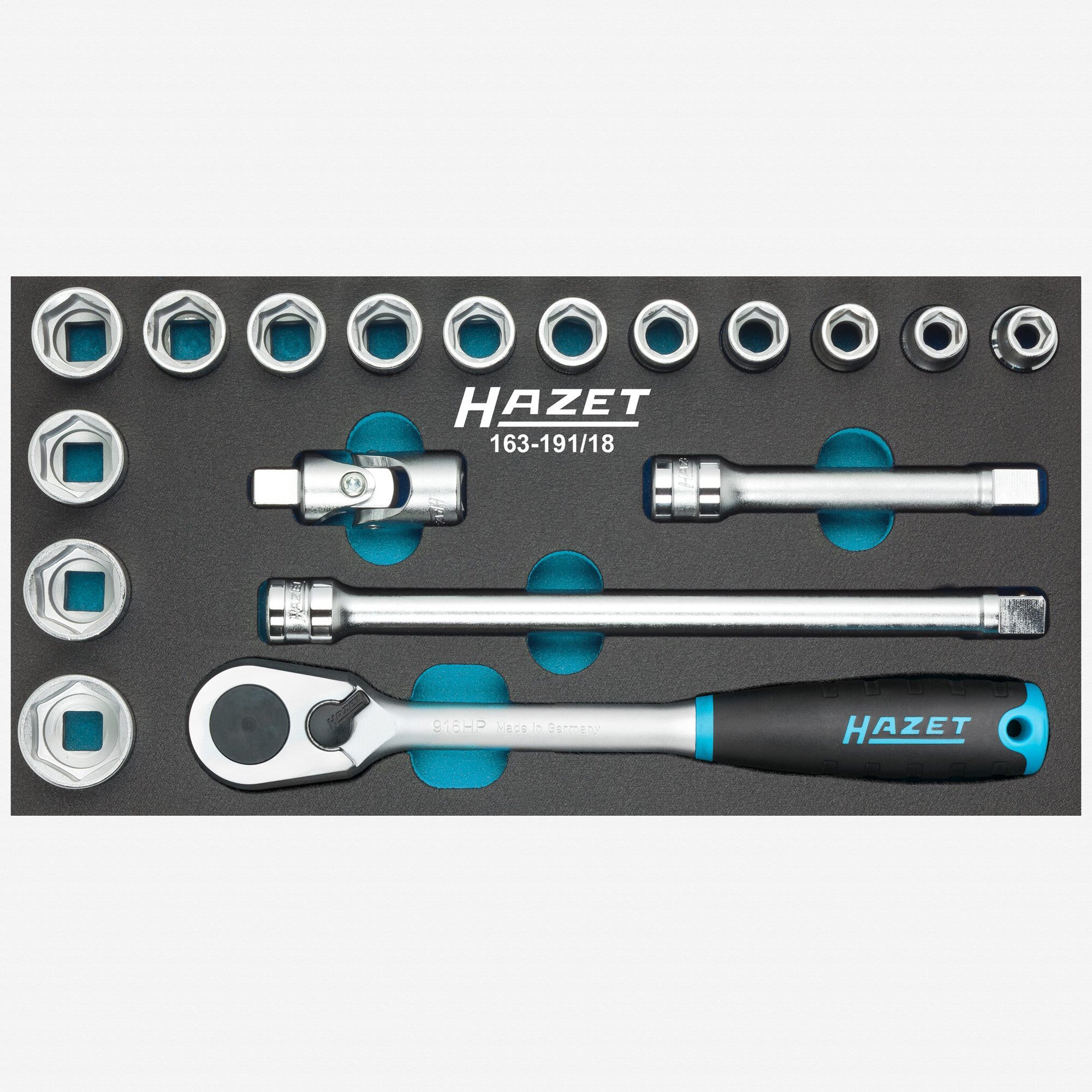Hazet 163-191/18 1/2" Metric Socket Set, 10 - 27 mm, 18 PIeces