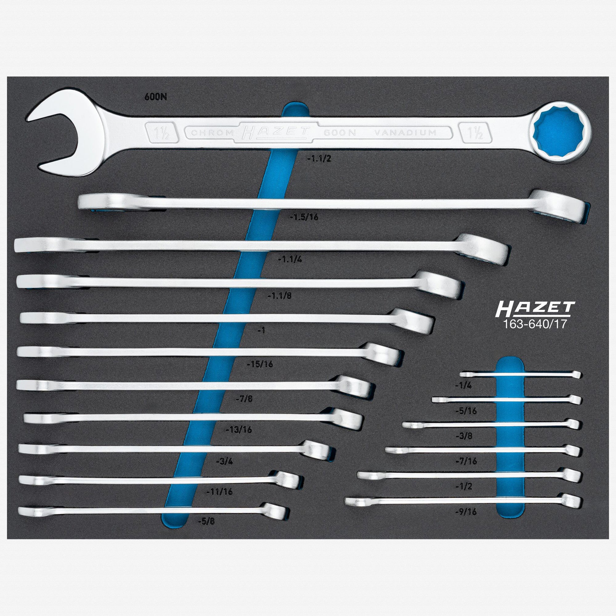 Hazet 163-640/17 SAE Combination Wrench Set, 1/4" - 1 1/2", 17 Pieces - KC Tool