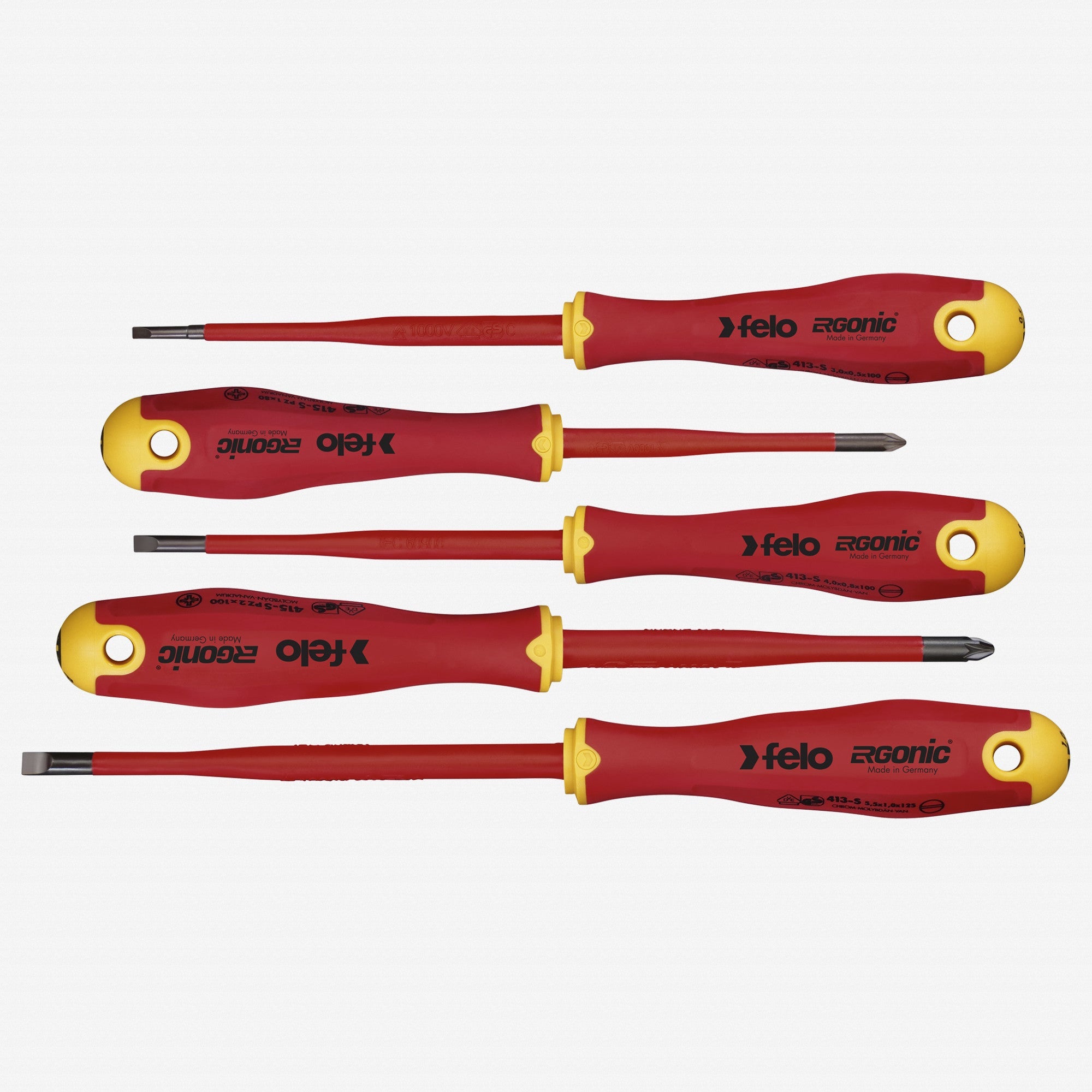 Felo Ergonic VDE E-slim Slotted and Pozidriv Screwdriver Set, 5 Pieces - F63325 - KC Tool