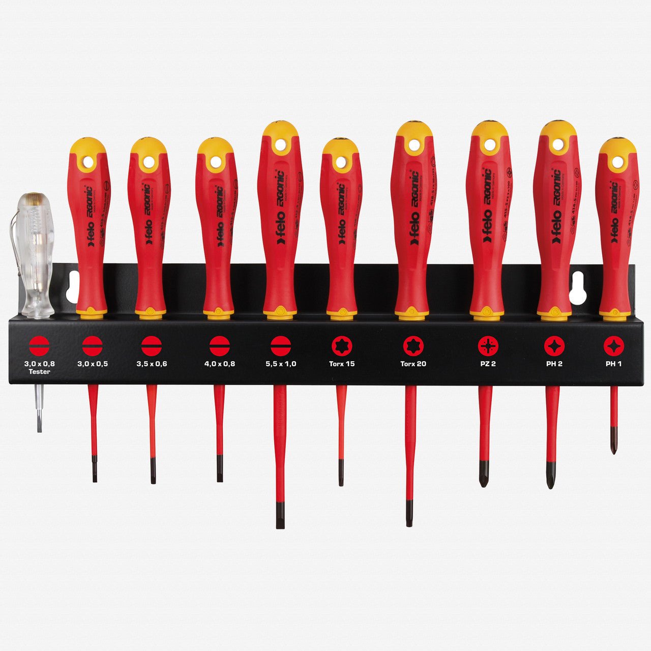 Felo Ergonic VDE E - slim SL/PH/PZ/TORX Screwdriver Set XL with Rack, 10 Pieces - F63627 - KC Tool