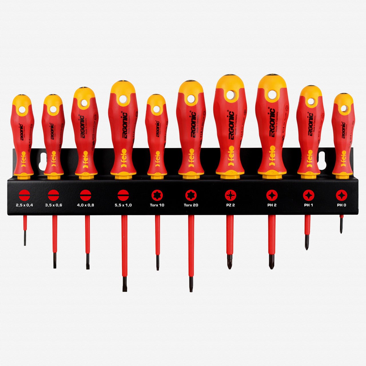 Felo Ergonic VDE SL/PH/PZ/TORX Screwdriver Set XL with Rack, 10 Pieces - F63631 - KC Tool