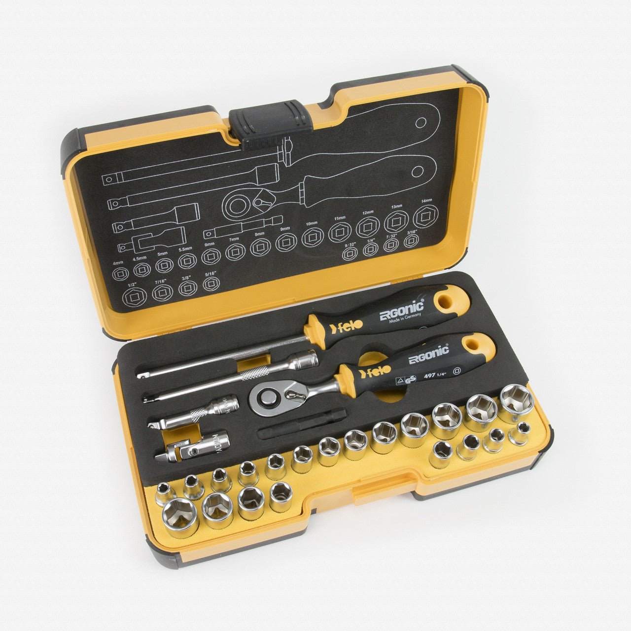 Felo R-GO 27 27pc Box Sockets, Ergonic Ratchet, Inch/Metric - F62371 - KC Tool