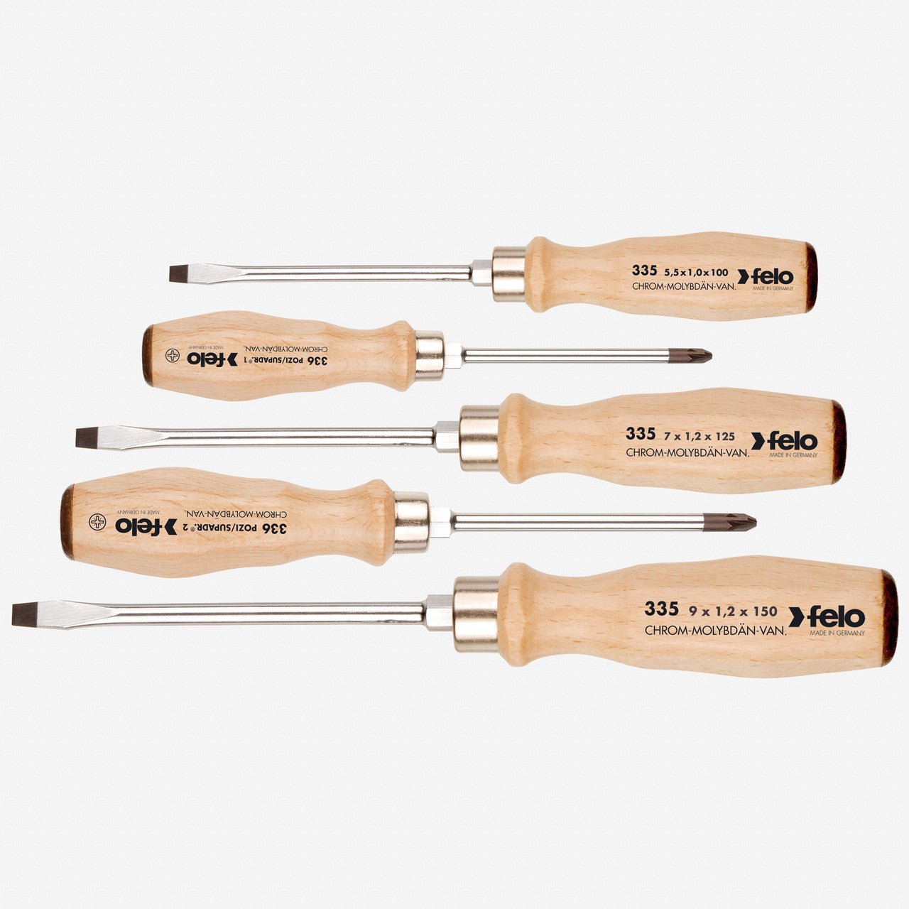 Felo Wood Handle Slotted & Pozidriv Screwdriver Set, 5 Pieces - F30762 - KC Tool