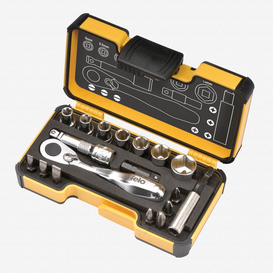Felo XS 18pc Box Sockets, Bits, Mini Ratchet, Bitholder, INCH - F62059 - KC Tool