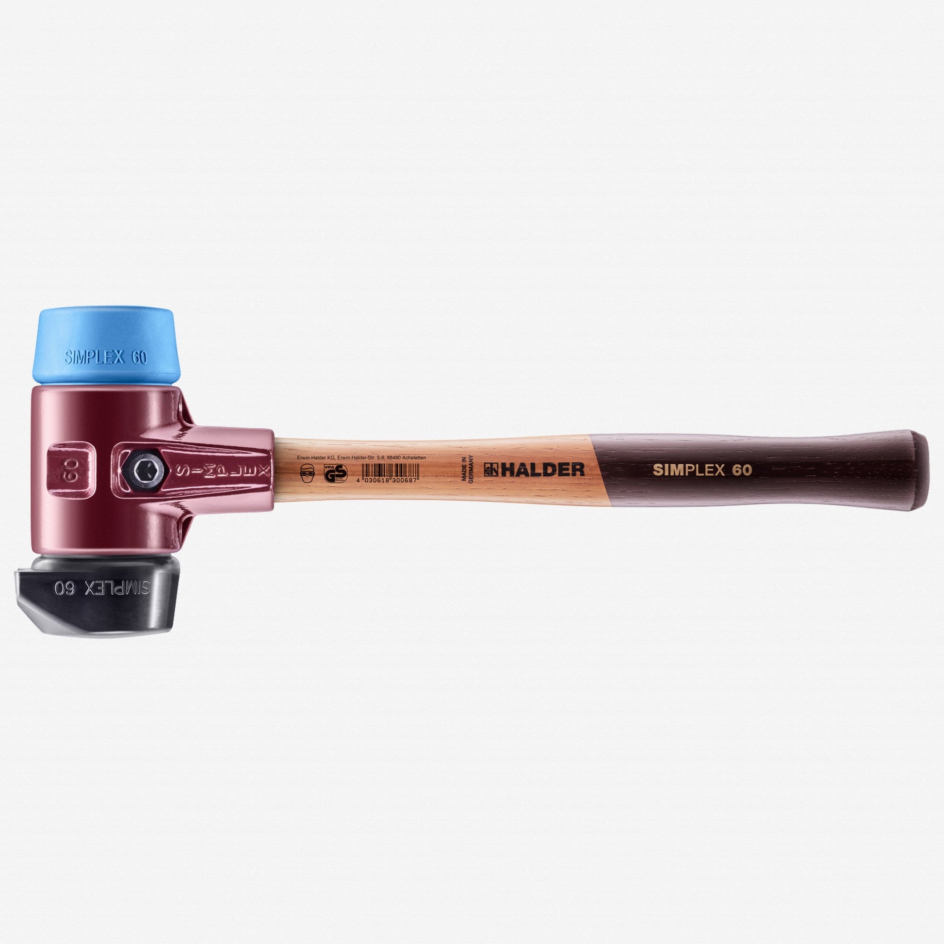 Halder Simplex Mallet with Soft Blue Rubber/STAND-UP Black Rubber Inserts and Cast Iron Housing, 2.36" / 52.91 oz. - HA3012.260 - KC Tool