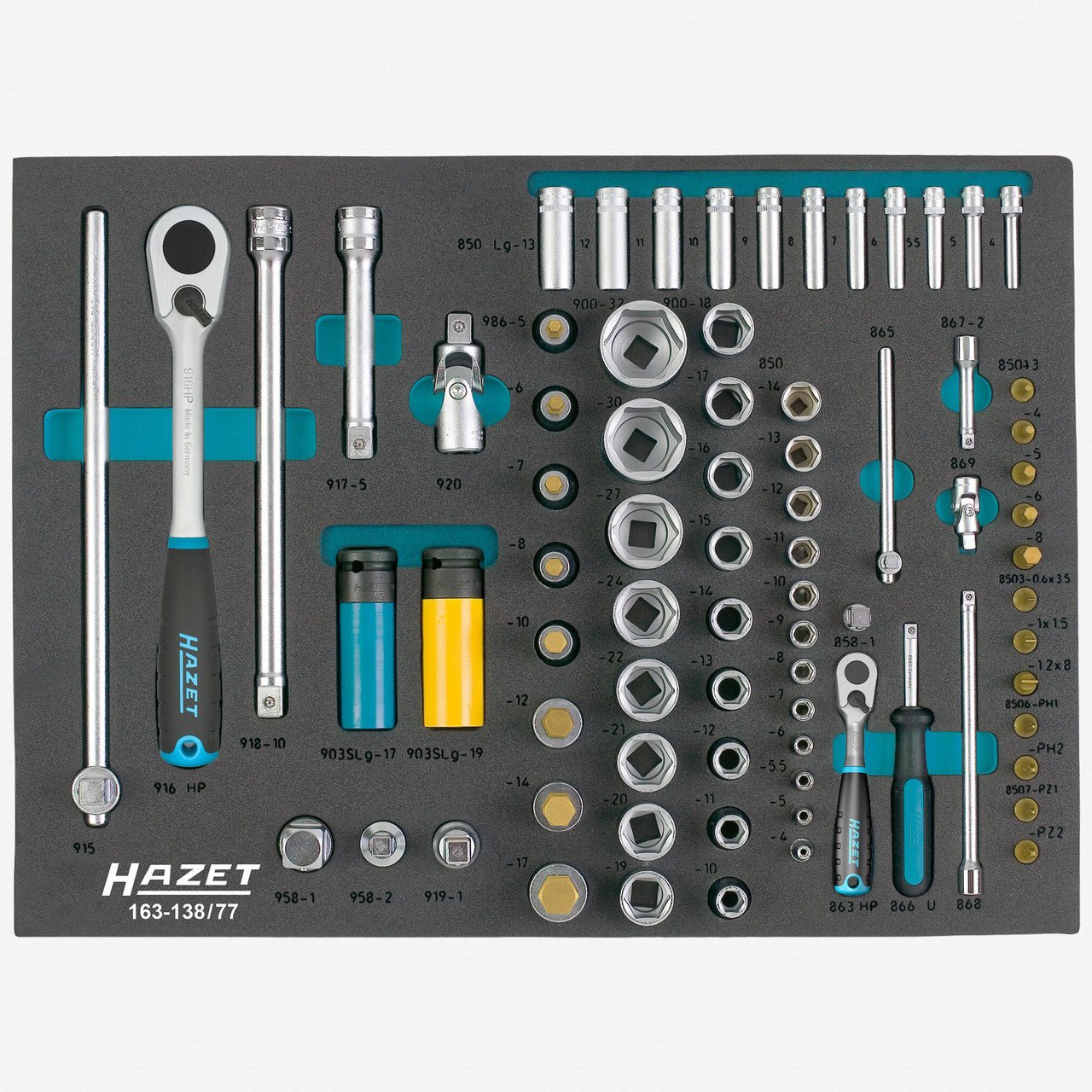 Hazet 163 - 138/77 1/4" and 1/2" Drive Metric Socket Set, 4 - 32 mm, 77 Pieces - HZ163-138/77 - KC Tool