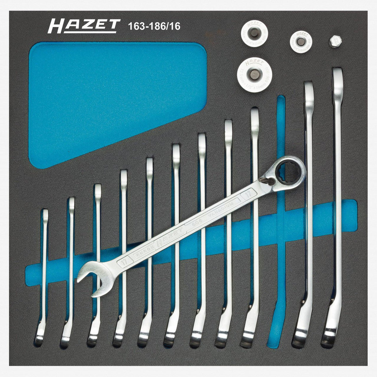 Hazet 163-186/16 Ratcheting Metric Combination Wrench Set with Square Drive Adapters, 16 PIeces - HZ163-186/16 - KC Tool