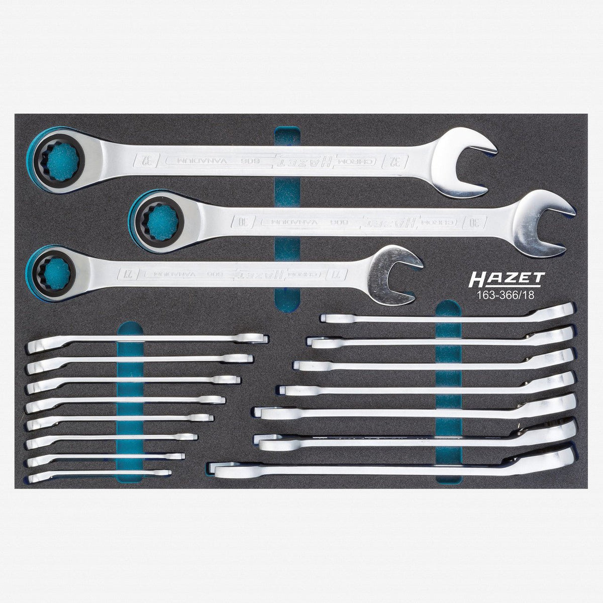 Hazet 163-366/18 Metric Ratcheting Combination Wrench Set, 8 - 32 mm, 18 Pieces - HZ163-366/18 - KC Tool