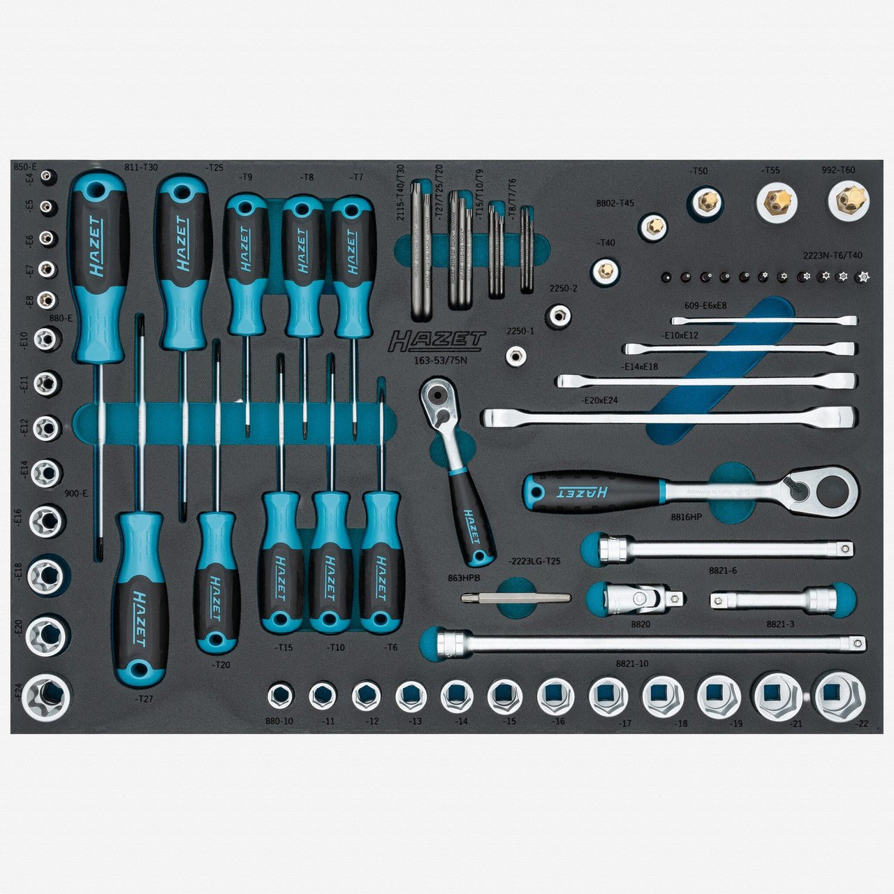 Hazet 163 - 53/75N 3/8" and 1/4" Metric Socket Set with Torx Screwdrivers, 75 Pieces - HZ163-53/75N - KC Tool