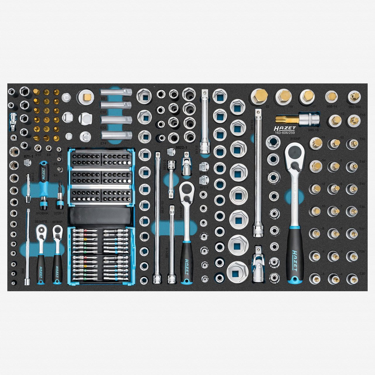 Hazet 163 - 606/259 Metric Socket Set in Foam Tray, 1/4", 3/8" and 1/2" Drive, 259 Pieces - HZ163-606/259 - KC Tool