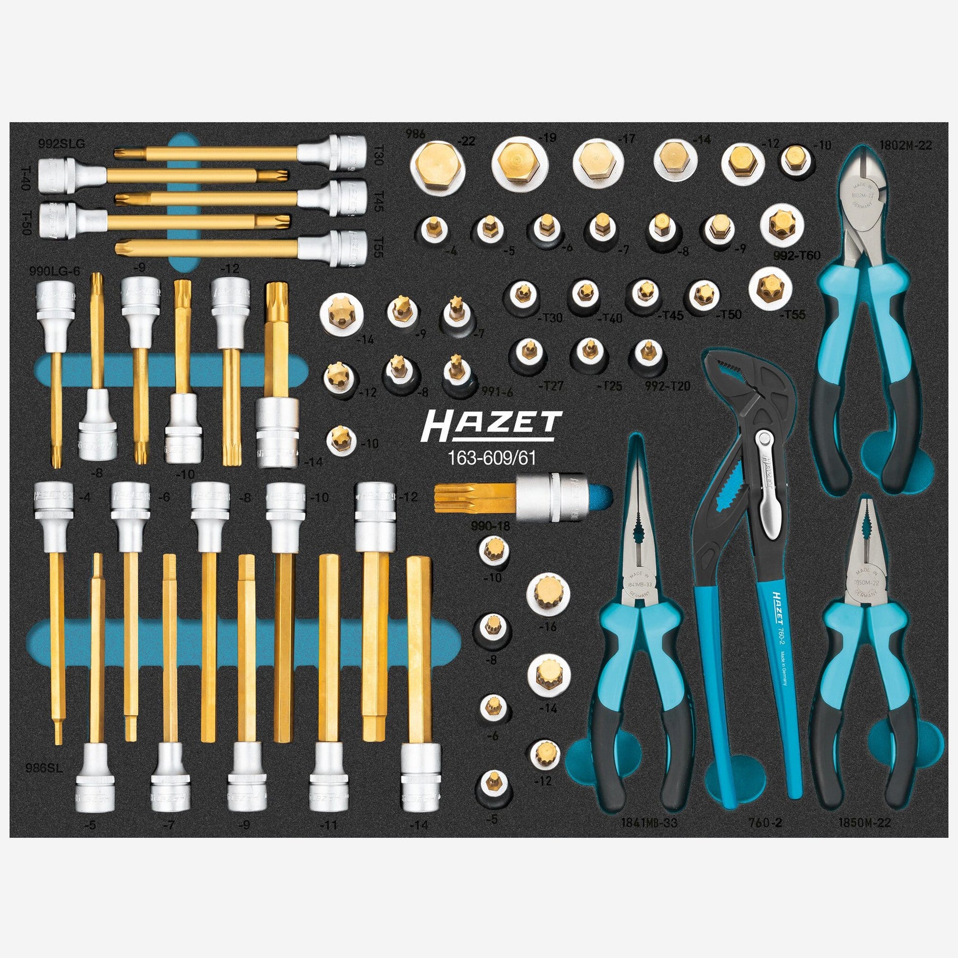 Hazet 163-609/61 1/2" Bit Socket and Pliers Set in Foam Tray, 61 Pieces - HZ163-609/61 - KC Tool