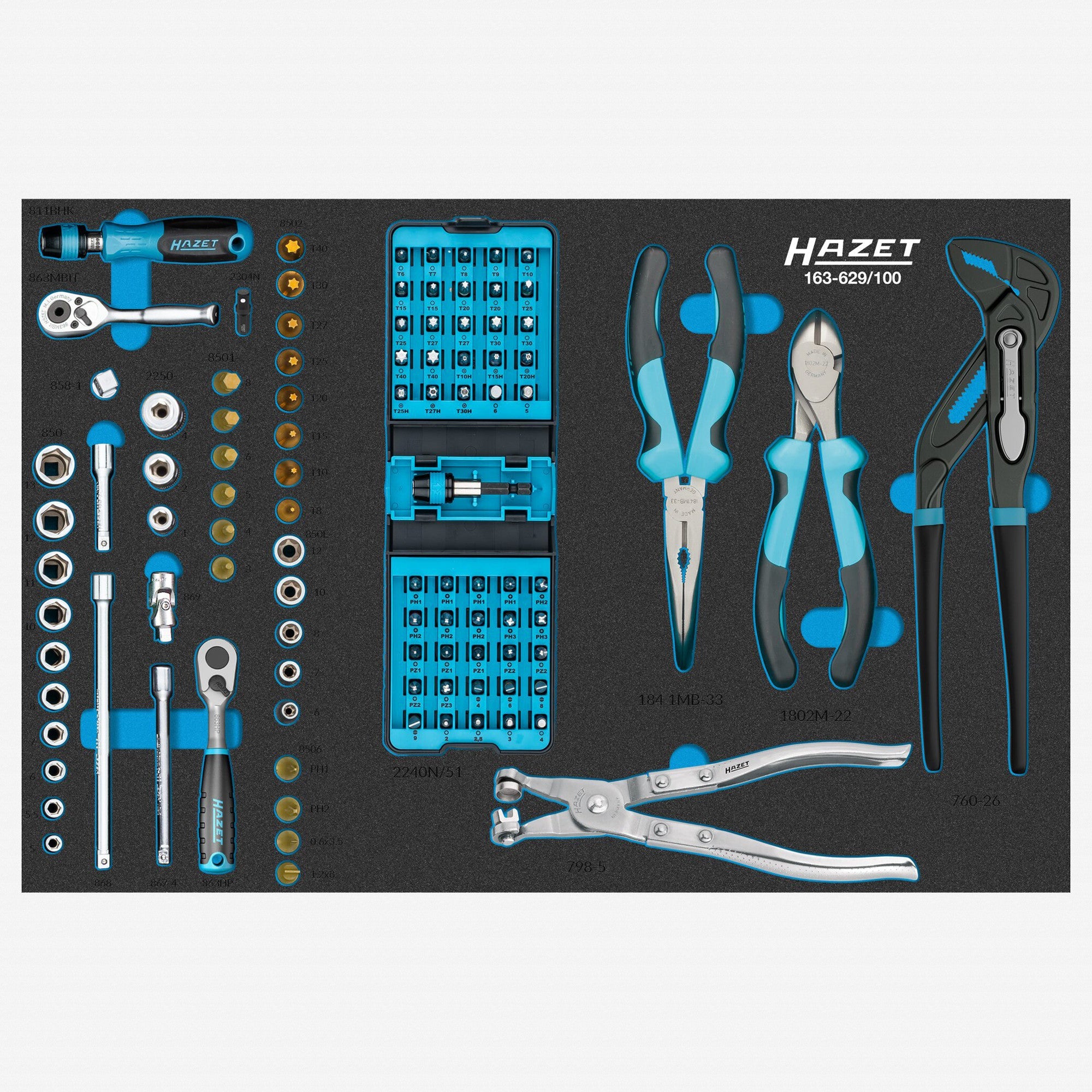 Hazet 163-629/100 1/4" Metric Socket Set with Pliers, 100 Pieces - HZ163-629/100 - KC Tool