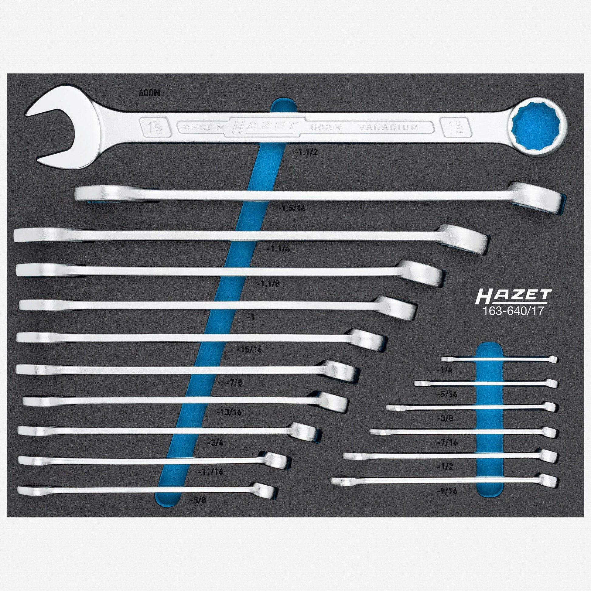 Hazet 163-640/17 SAE Combination Wrench Set, 1/4" - 1 1/2", 17 Pieces - HZ163-640/17 - KC Tool