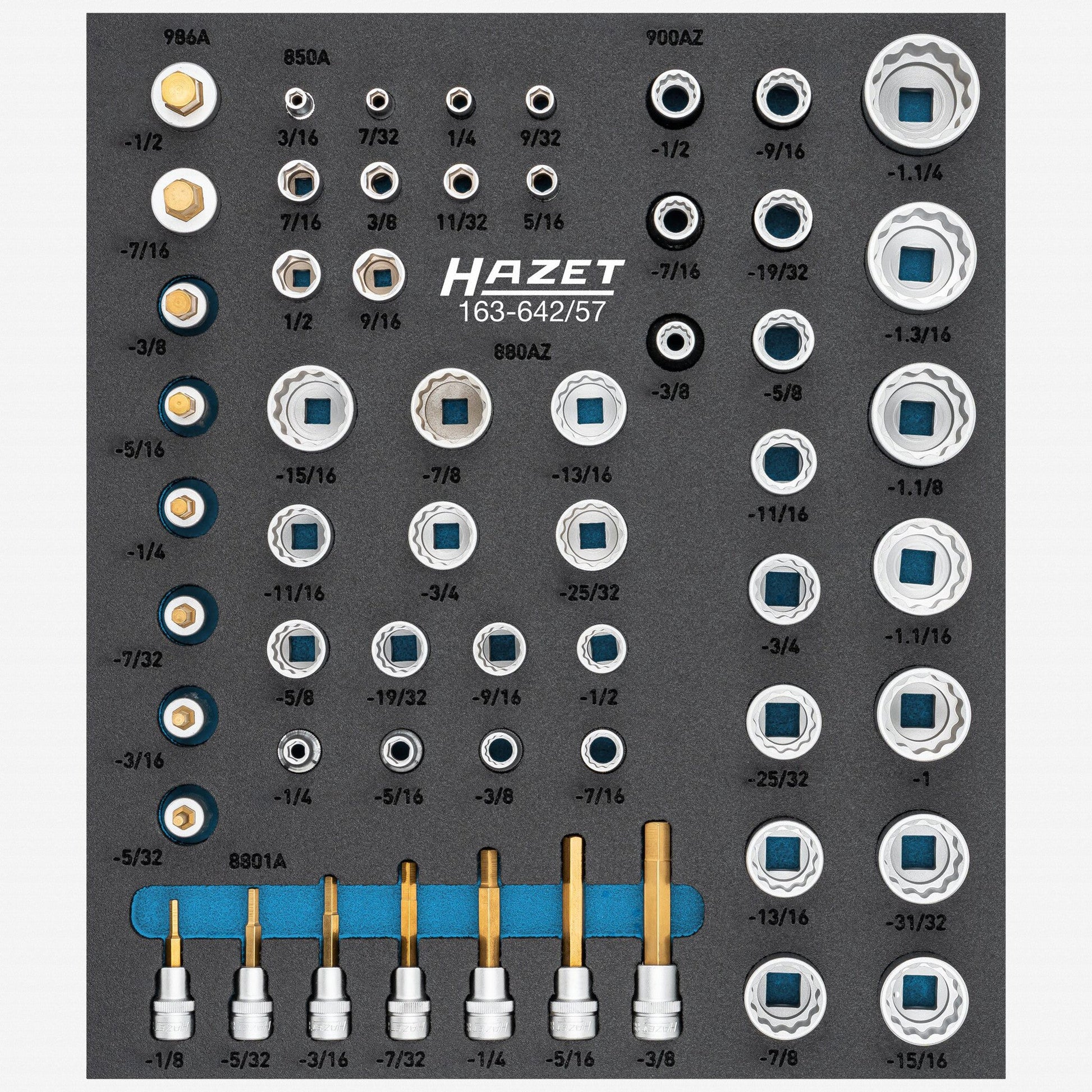 Hazet 163-642/57 1/4", 3/8" and 1/2" SAE Sockets, 3/16" - 1 1/4", 57 Pieces - HZ163-642/57 - KC Tool