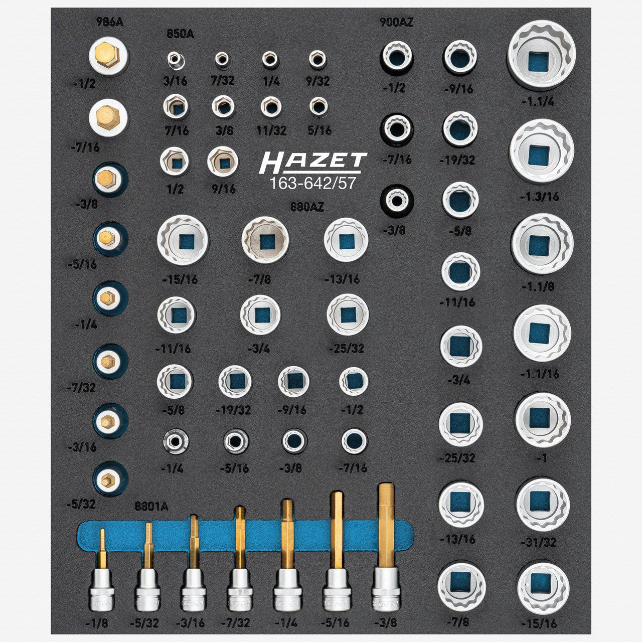 Hazet 163 - 642/57 1/4", 3/8" and 1/2" SAE Sockets, 3/16" - 1 1/4", 57 Pieces - HZ163-642/57 - KC Tool