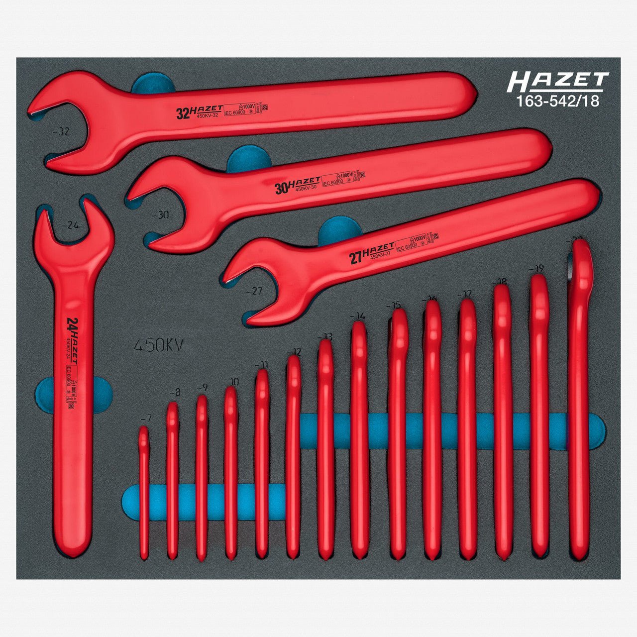 Hazet 450KV VDE Insulated Metric Open End Wrench Set, 7 - 32 mm, 18 Pieces - HZ163-542/18 - KC Tool
