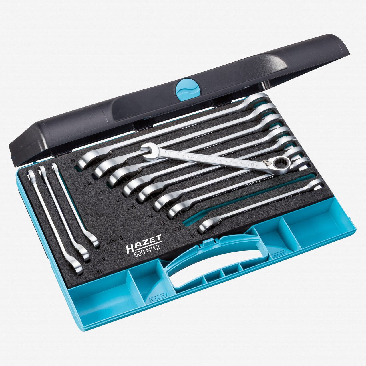 Hazet 606N/12 Ratcheting combination wrench set 12 pc metric with case 8-19mm - HZ606N/12 - KC Tool