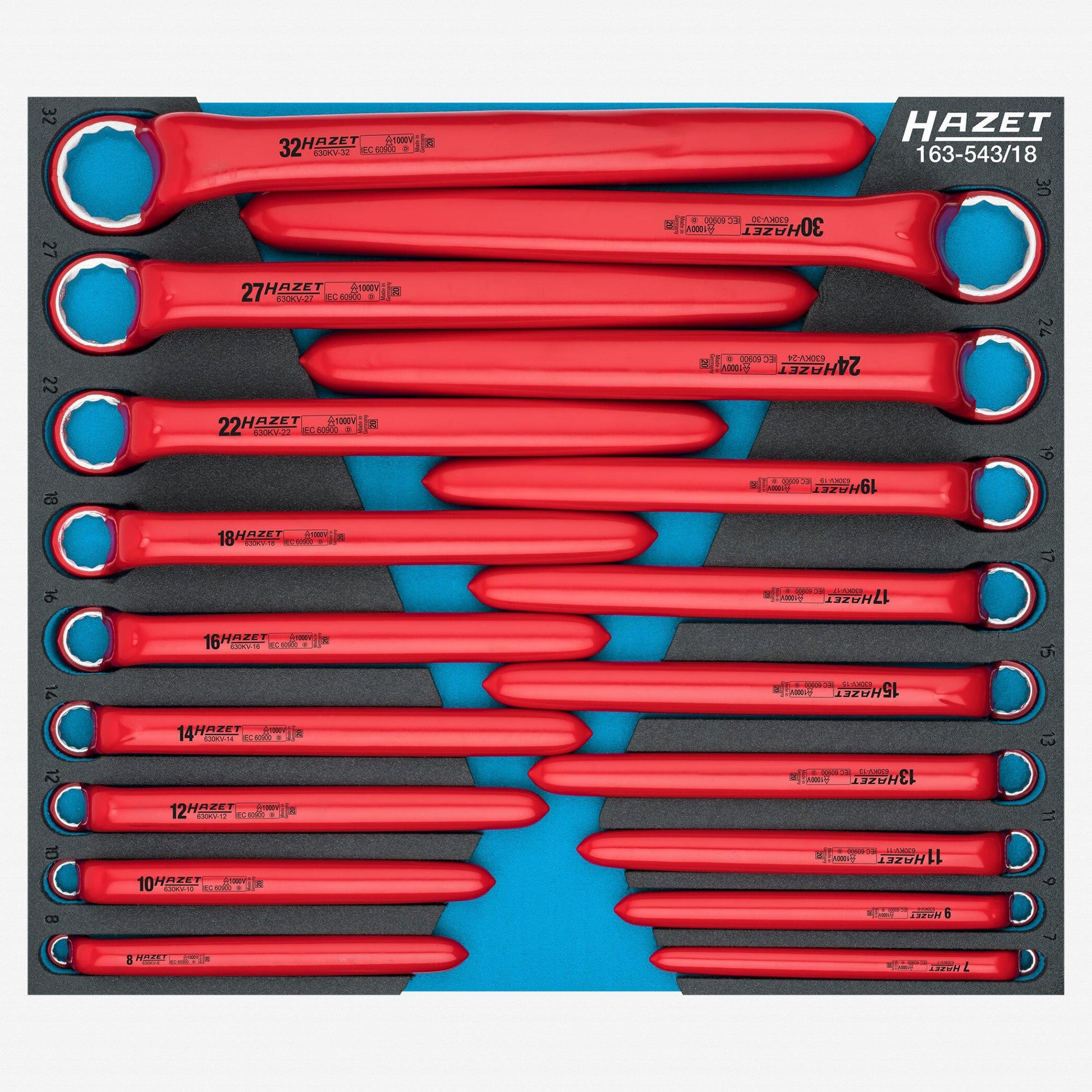 Hazet 630KV VDE Insulated Metric Box End Wrench Set, 7 - 32 mm, 18 Pieces - HZ163-543/18 - KC Tool