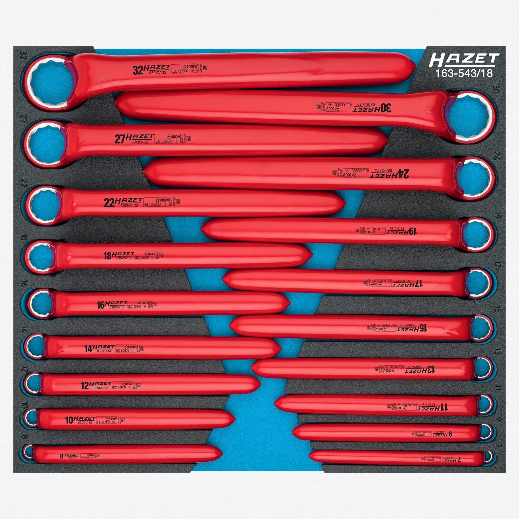 Hazet 630KV VDE Insulated Metric Box End Wrench Set, 7 - 32 mm, 18 Pieces - HZ163-543/18 - KC Tool