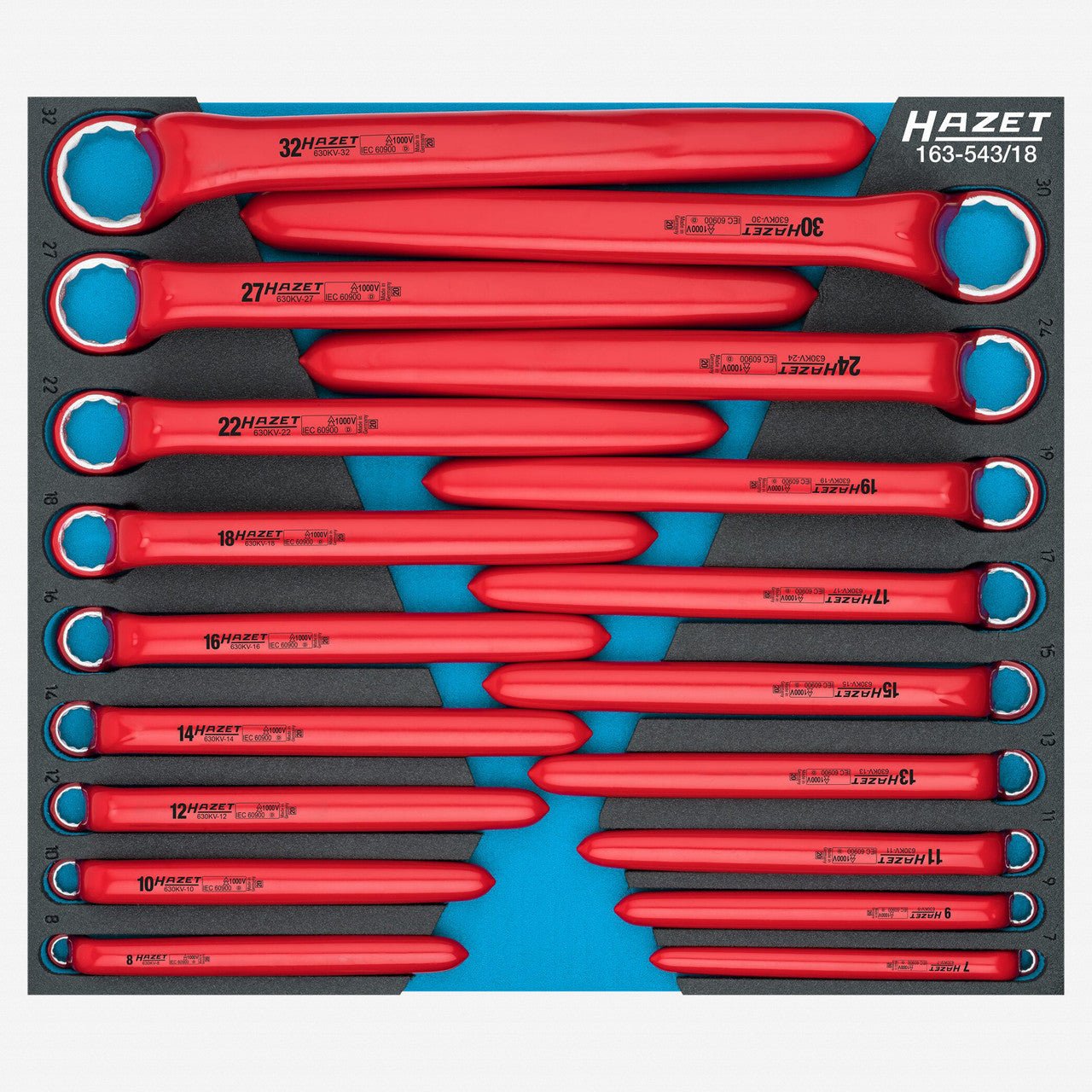 Hazet 630KV VDE Insulated Metric Box End Wrench Set, 7 - 32 mm, 18 Pieces - HZ163-543/18 - KC Tool