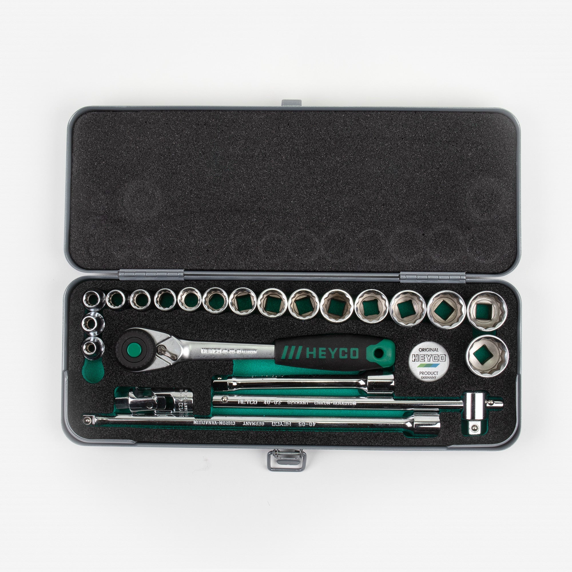 Heyco Metric 12 Point 3/8" Drive Socket Set with Ratchet, 23 Pieces - HY0410010 - KC Tool