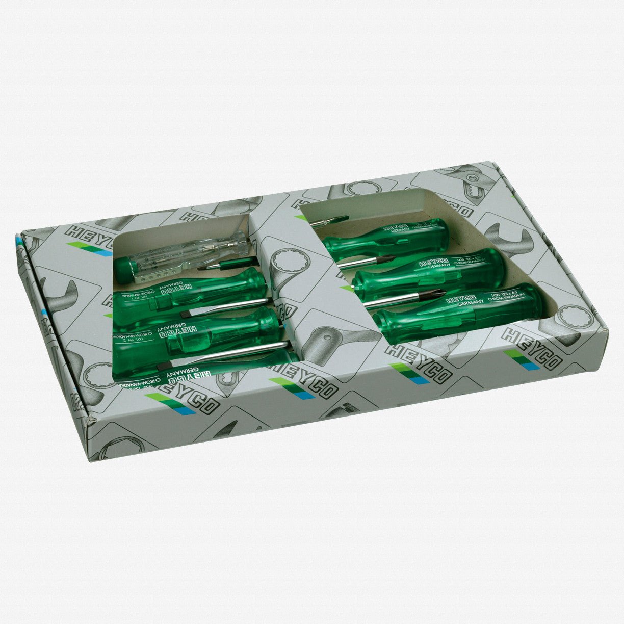 Heyco Pozidriv/Slotted Screwdriver Set with Acetate Handles and Voltage Tester, 7 Pieces - HY4540000 - KC Tool
