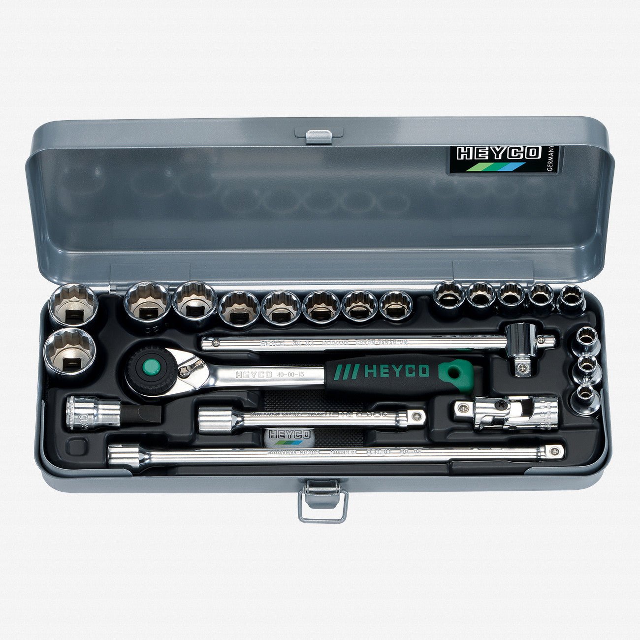 Heyco SAE 12 Point 3/8" Drive Socket Set with Ratchet, 23 Pieces - HY0411010 - KC Tool