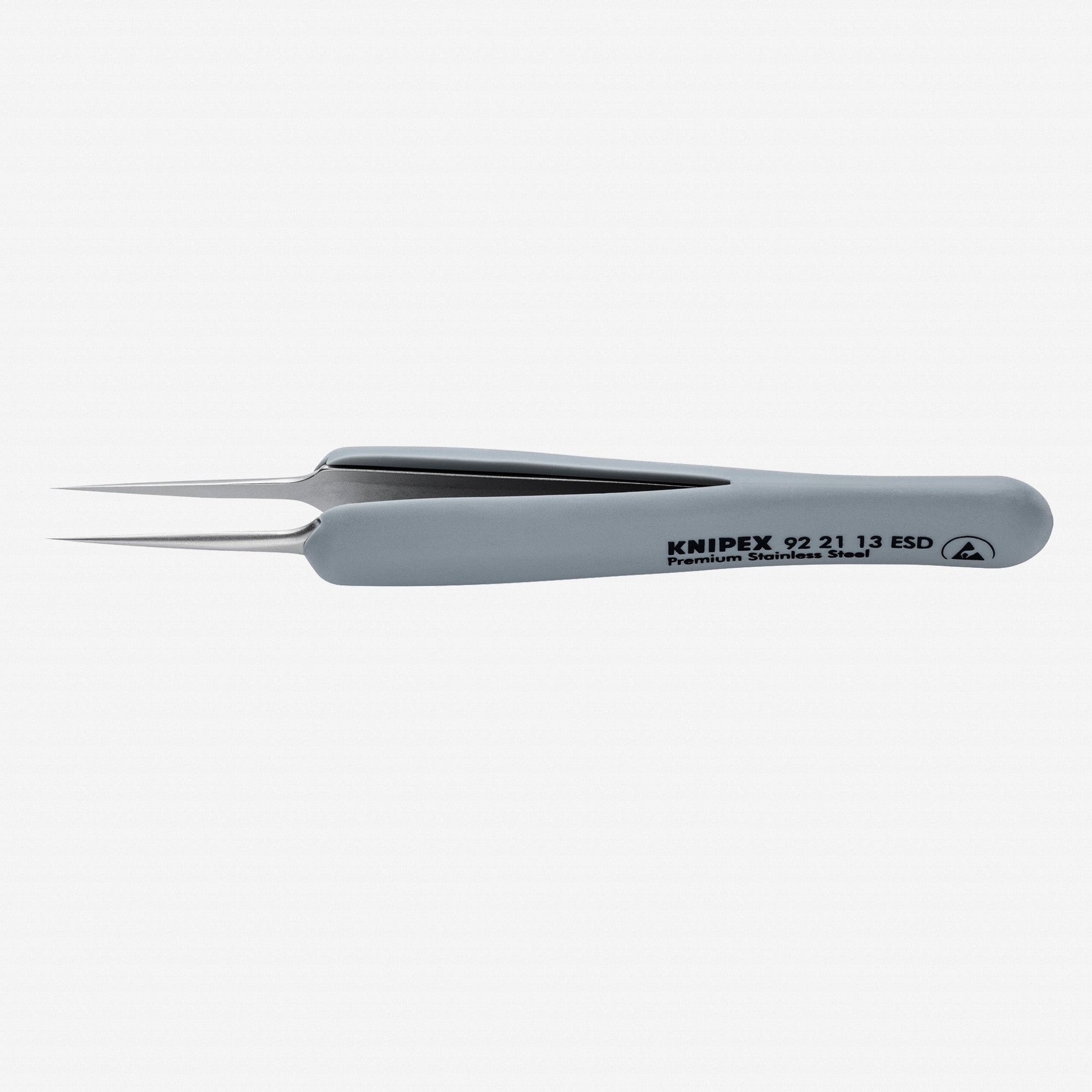 Knipex Extra Fine Stainless Steel ESD Gripping Tweezers, Straight, Needle-Point Tips, 4.5 - 922113ESD - KC Tool