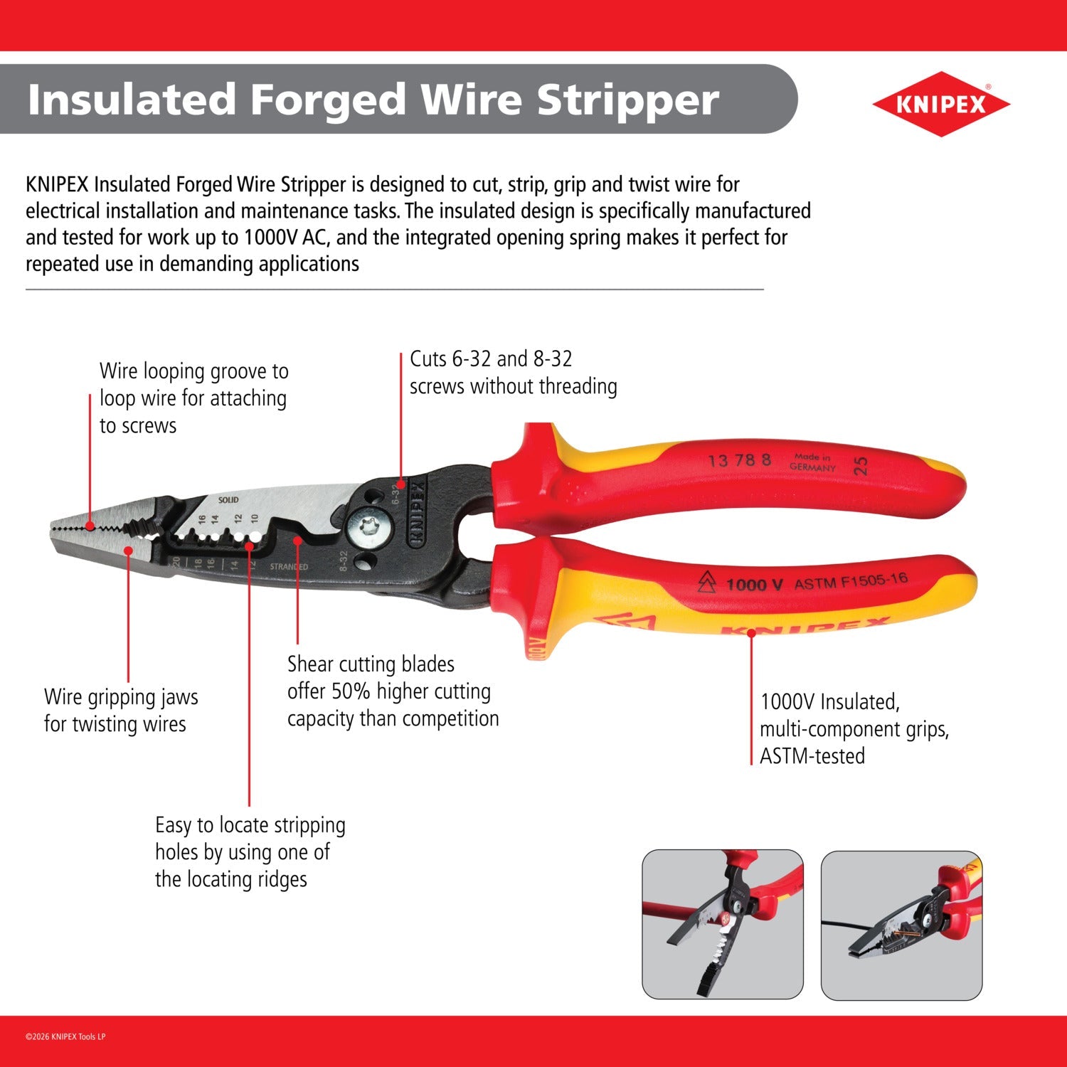 Knipex Forged Wire Strippers, 8" - Insulated - 13788 - KC Tool