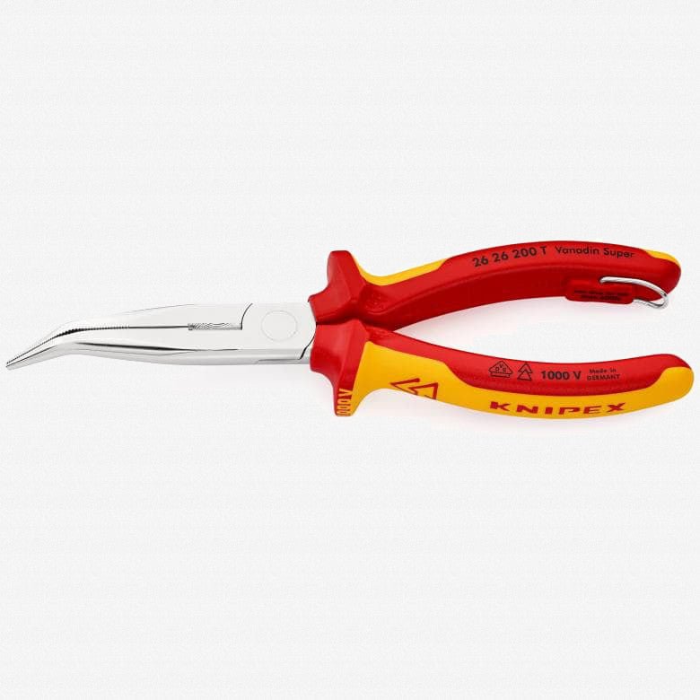 Knipex Insulated VDE Bent Nose Side Cutting Pliers (Stork Beak Pliers) with Chrome Finish - Tethered Attachment - 2626200T - KC Tool