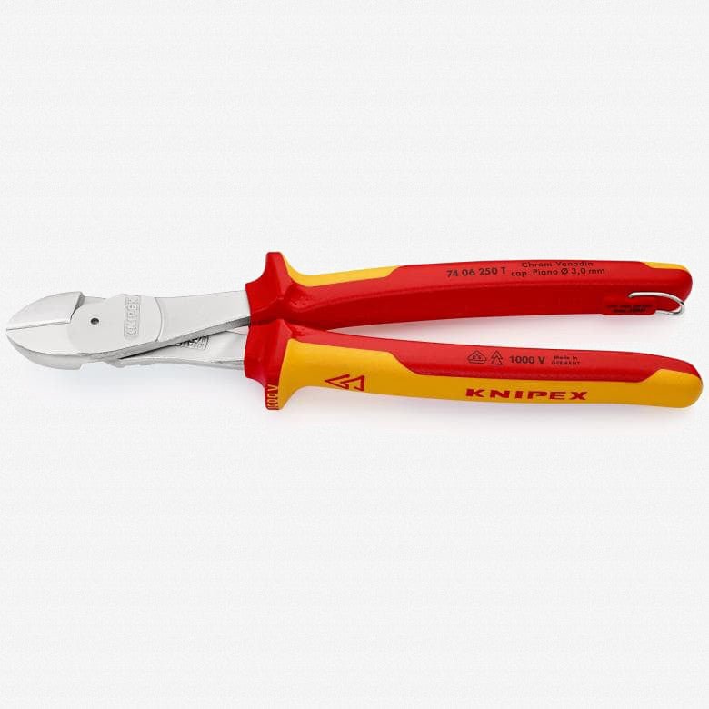 Knipex Insulated VDE High Leverage Diagonal Cutters with Chrome Finish, 10" - Tethered Attachment - 7406250T - KC Tool