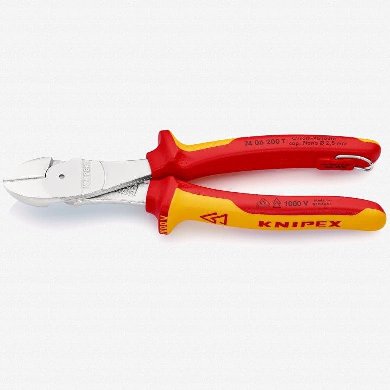 Knipex Insulated VDE High Leverage Diagonal Cutters with Chrome Finish, 8" - Tethered Attachment - 7406200T - KC Tool