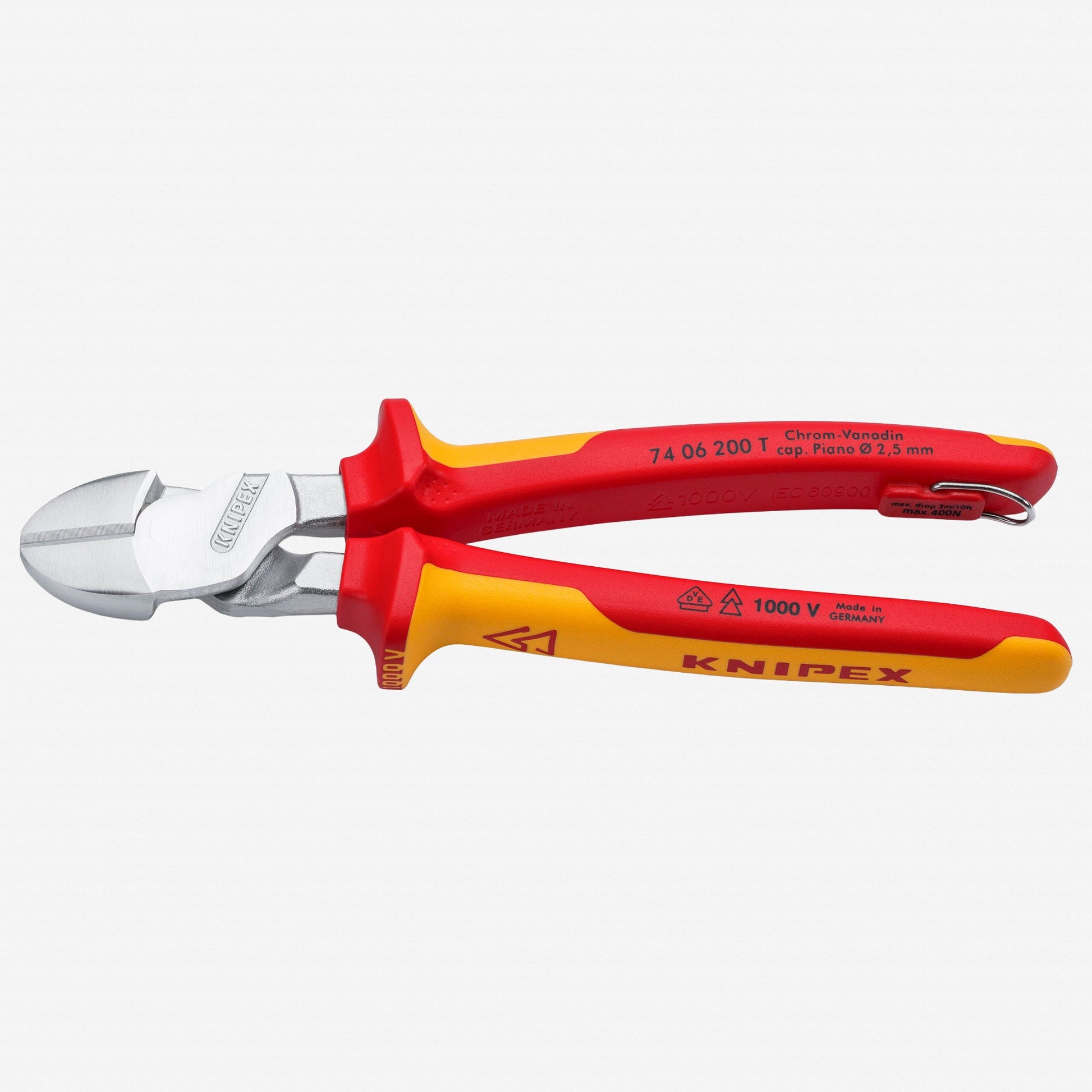 Knipex Insulated VDE High Leverage Diagonal Cutters with Chrome Finish, 8" - Tethered Attachment - 7406200T - KC Tool