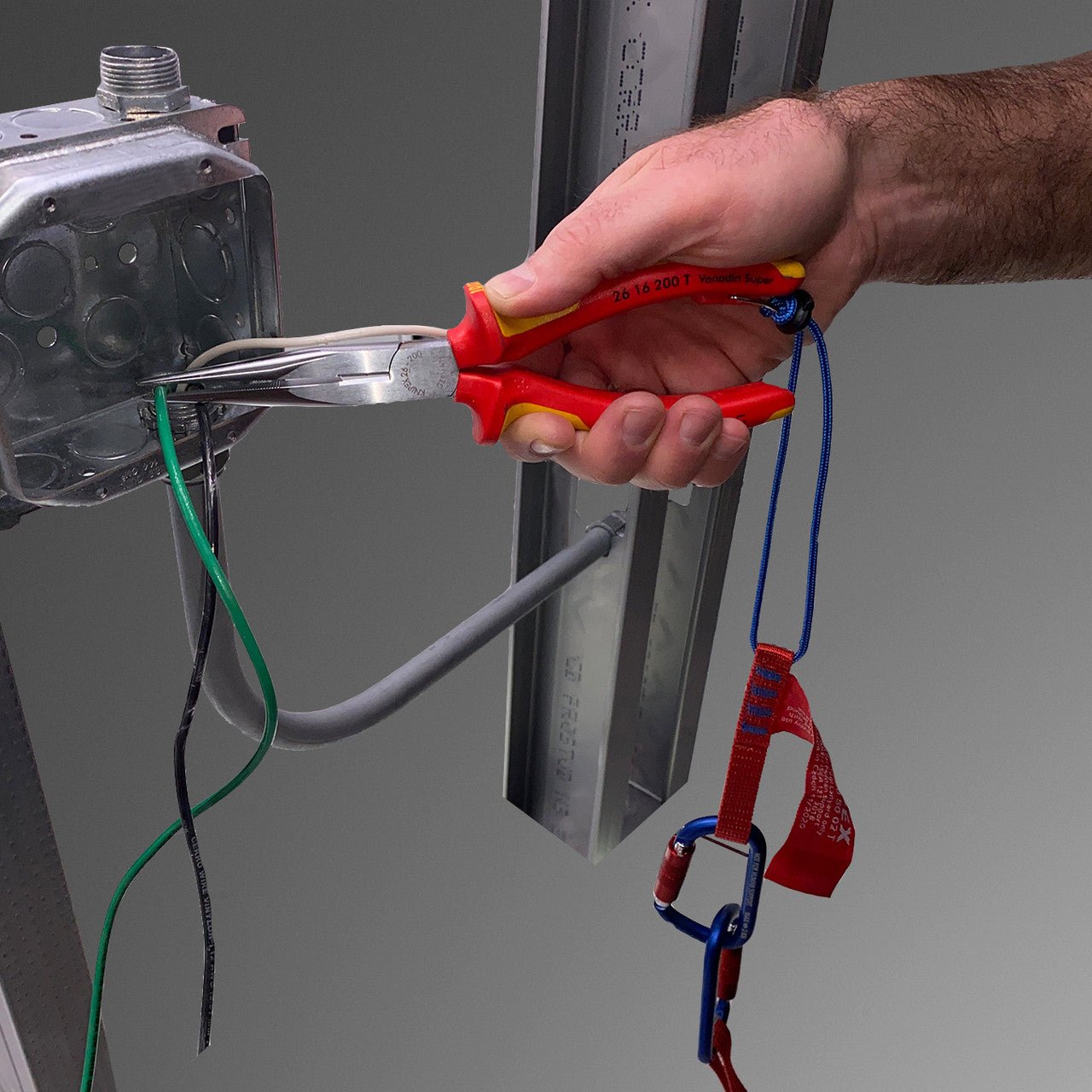 Knipex Insulated VDE Snipe Nose Side Cutting Pliers (Stork Beak Pliers) with Chrome Finish - Tethered Attachment - 2616200T - KC Tool