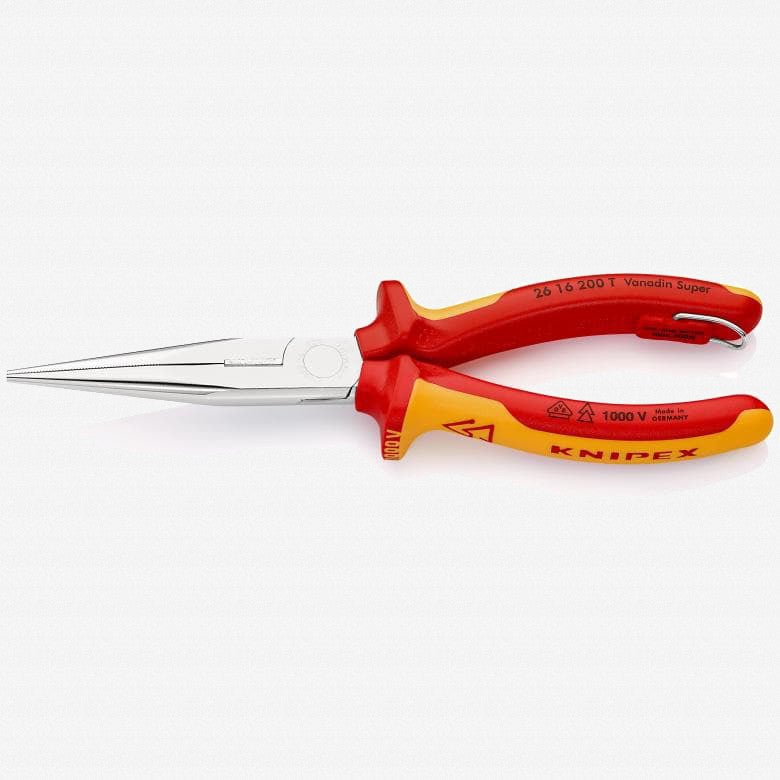 Knipex Insulated VDE Snipe Nose Side Cutting Pliers (Stork Beak Pliers) with Chrome Finish - Tethered Attachment - 2616200T - KC Tool