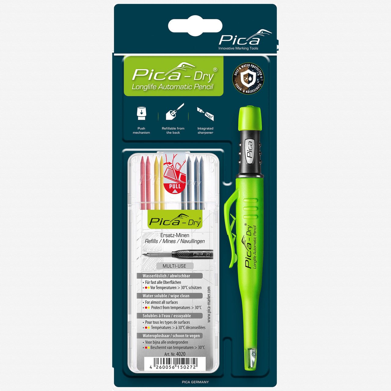 Pica DRY Automatic Pencil + Pica DRY Refill Set, Basic (4 Graphite 2B, 2 Red & 2 Yellow Leads) - PA30402 - KC Tool