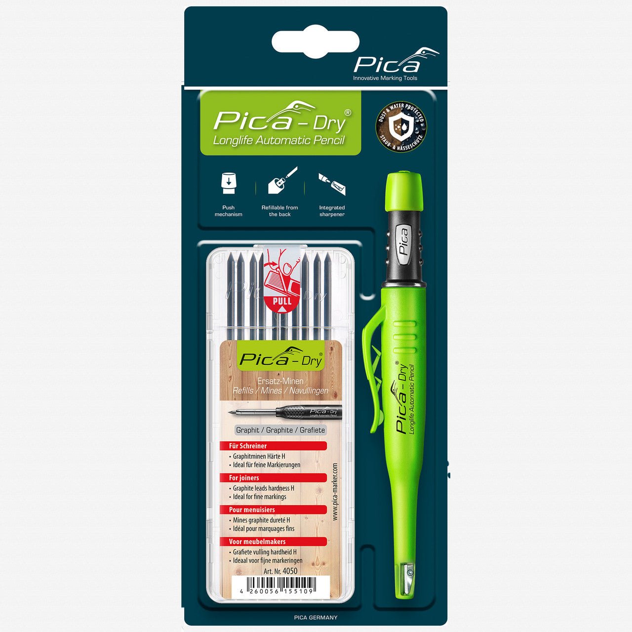 Pica DRY Automatic Pencil + Pica DRY Refill Set for Joiners, Graphite H (10 Leads) - PA30405 - KC Tool