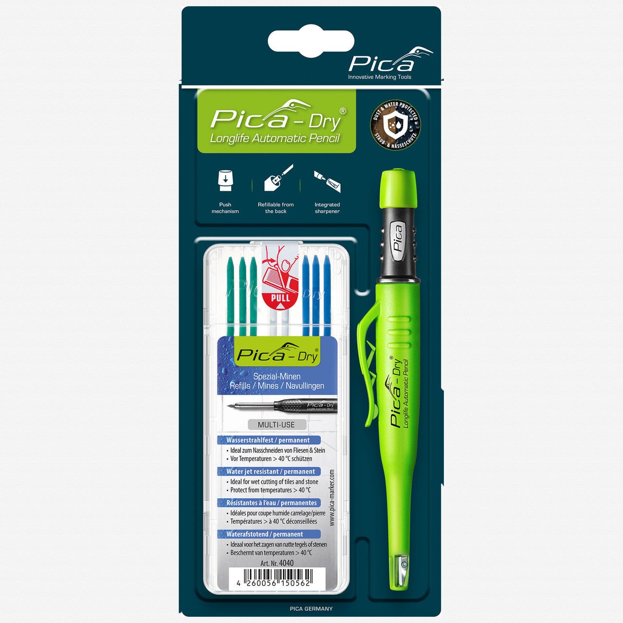 Pica DRY Automatic Pencil + Pica DRY Refill Set, Special (3 Blue, 2 White & 3 Green Leads) - PA30404 - KC Tool