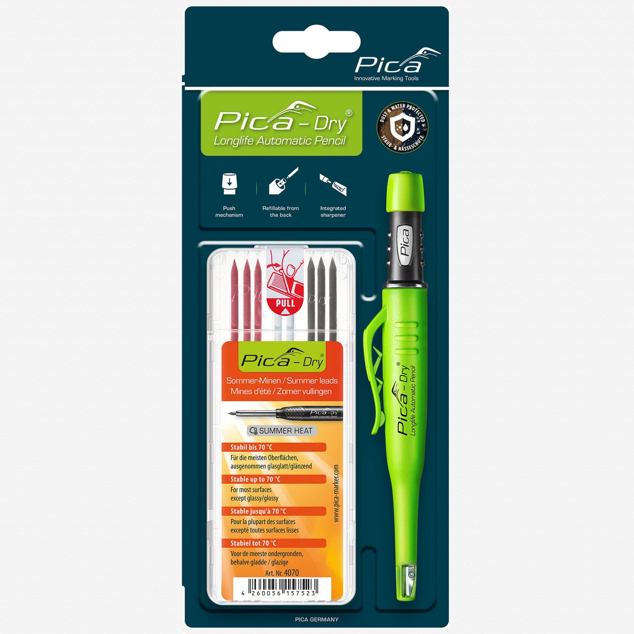 Pica DRY Automatic Pencil + Pica DRY Refill Set, SUMMERHEAT (3 Graphite 2B, 3 Red & 2 White Leads) - PA30407 - KC Tool