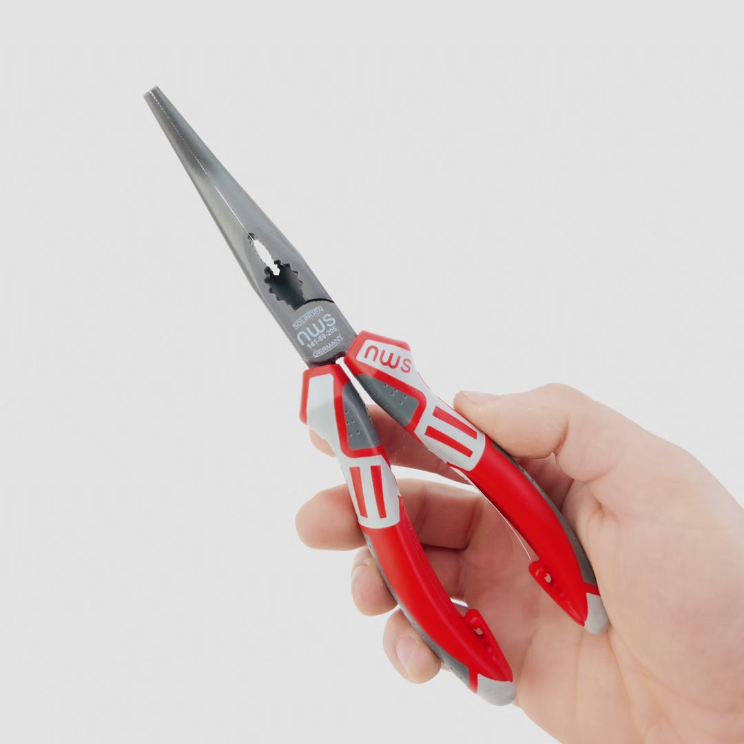 Load video: NWS 8" Chain Nose Pliers (Radio Pliers), angled 45 deg - TitanFinish - SoftGripp, Tethered Attachment