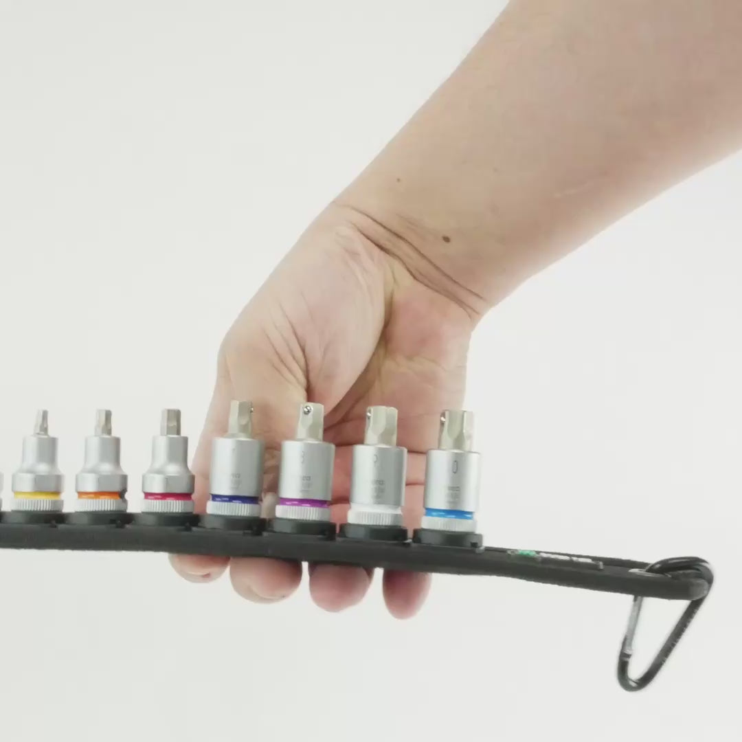 Load video: Wera 003971 Belt 2 Zyklop 3/8" Drive In-Hex-Plus Bit Socket Set with Holding Function - Metric