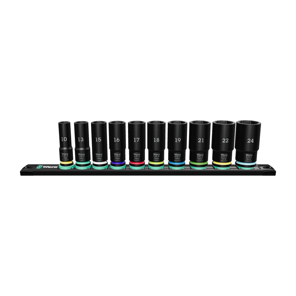 Wera 005590 Magnetic Rail B Impaktor Deep 1 Metric Socket Set, 3/8" Drive, 10 Pieces, 10 - 24 mm - WR005590 - KC Tool