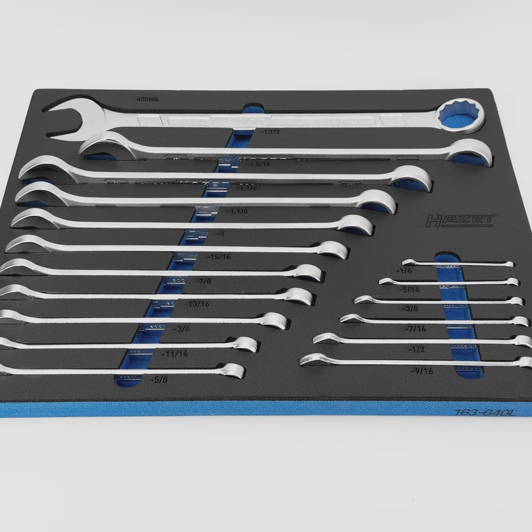 Load video: Hazet 163-640/17 SAE Combination Wrench Set, 1/4" - 1 1/2", 17 Pieces