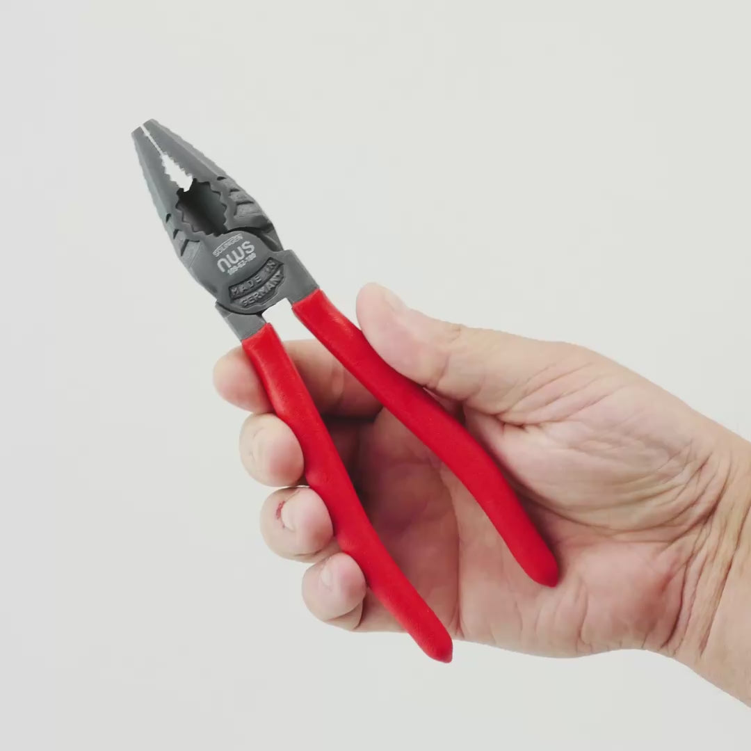 Load video: NWS 7" High Leverage Combination Pliers CombiMax - TitanFinish - Plastic Grip
