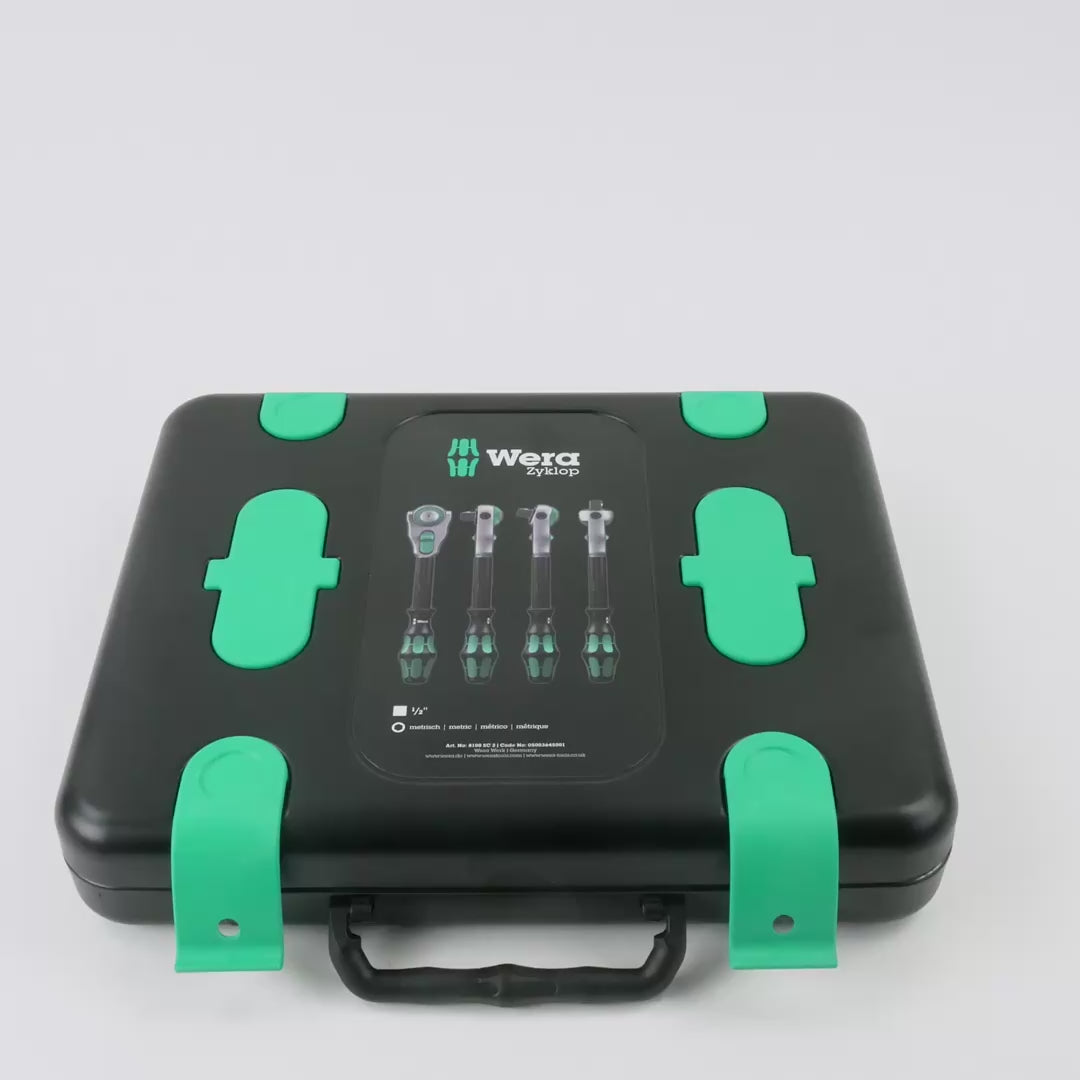 Load video: Wera 003645 Zyklop Ratchet Premium 1/2" Drive Metric Set