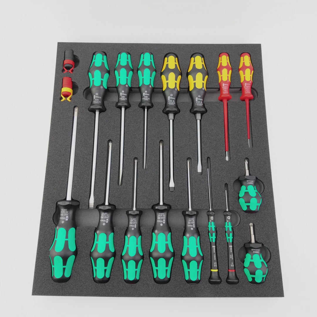 Load video: Wera 150101 Foam Insert Screwdriver Set 1, 18 Pieces