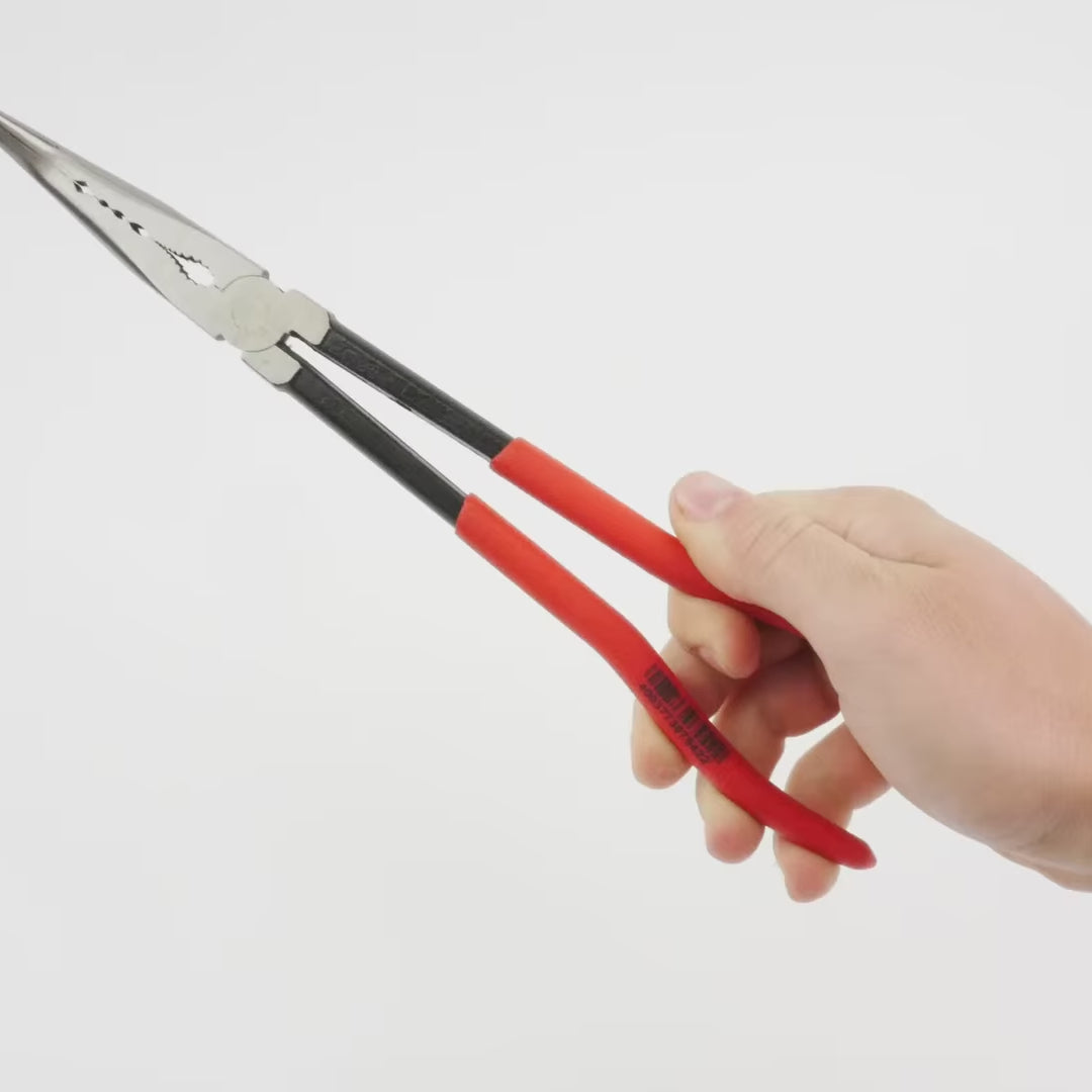 Load video: Knipex 11" Assembly Pliers with Transverse Profile 45 Degree Bent Nose - Plastic Grip
