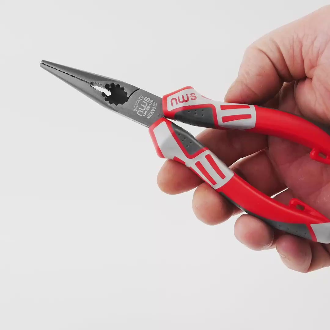 Load video: NWS 6.75" Chain Nose Pliers (Radio Pliers) - TitanFinish - SoftGripp, Tethered Attachment