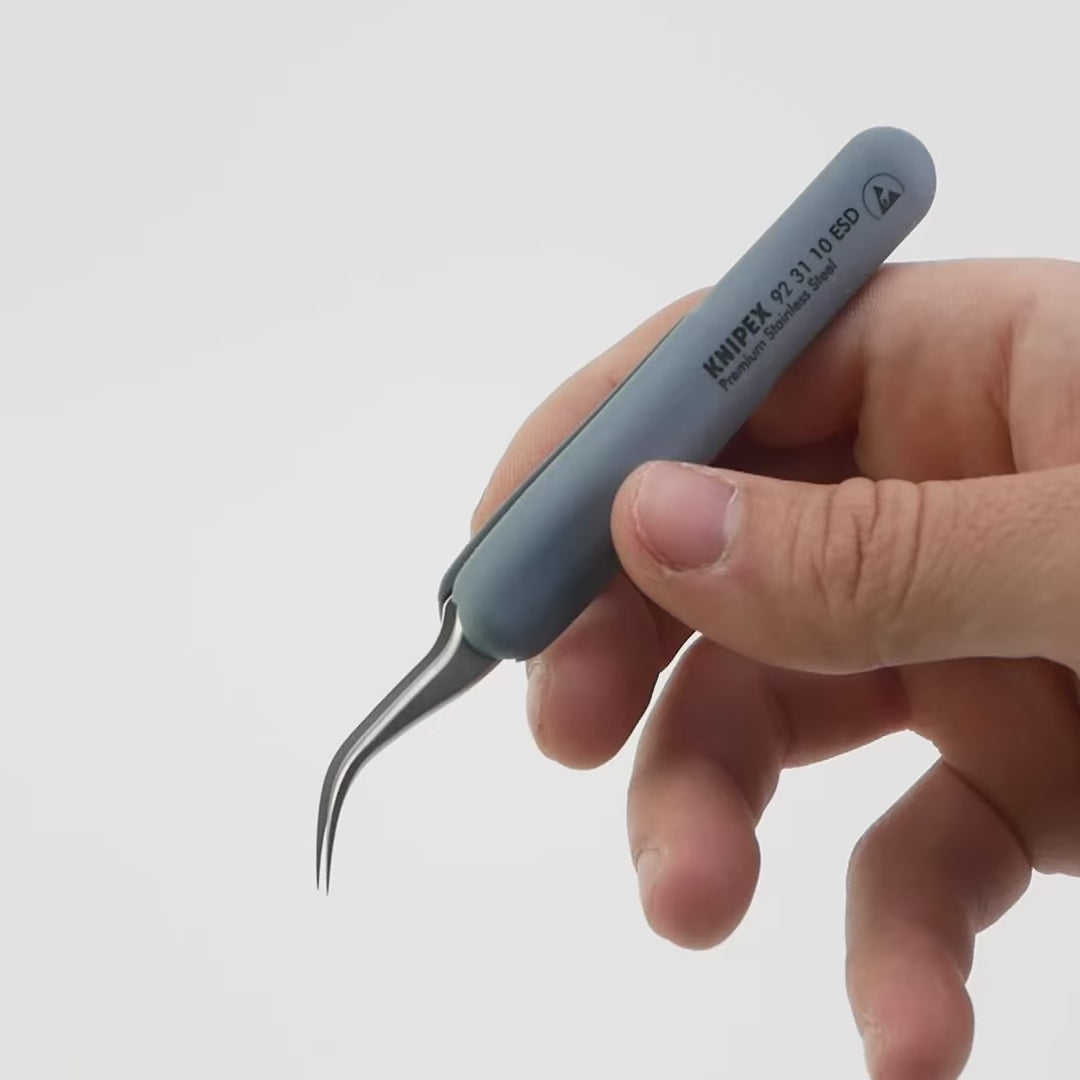 Load video: Knipex Stainless Steel ESD Gripping Tweezers, 45 Degree Angled, Needle-Point Tips 4.75"