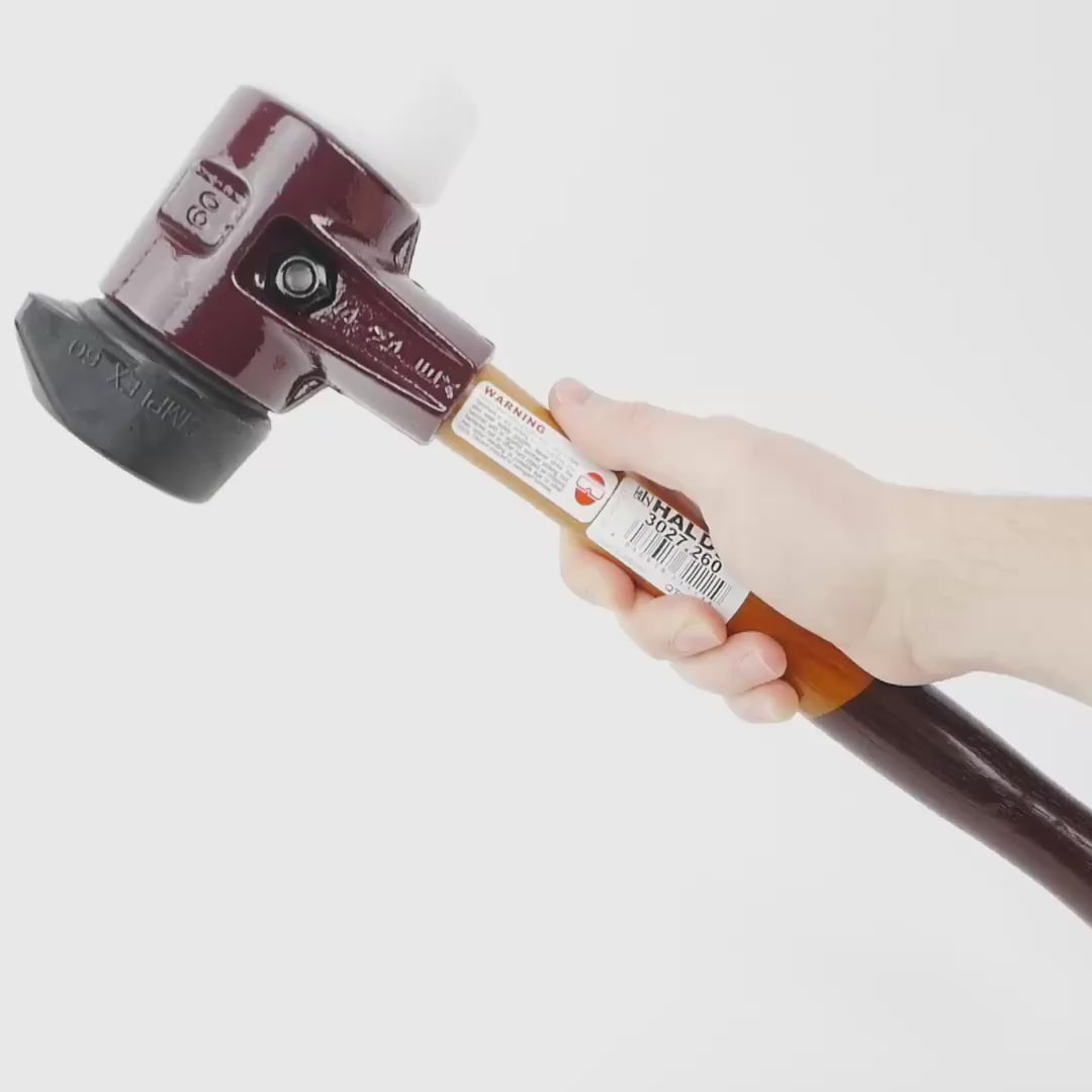 Load video: Halder Simplex Mallet with Superplastic/STAND-UP Black Rubber Inserts and Cast Iron Housing, 2.36" / 54.32 oz.